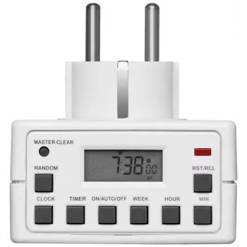 Smart-stekkerdoos MicroConnect GRUTIMER3 — indoor-tijdschakelaar met LCD, 110×81×78 mm, wit