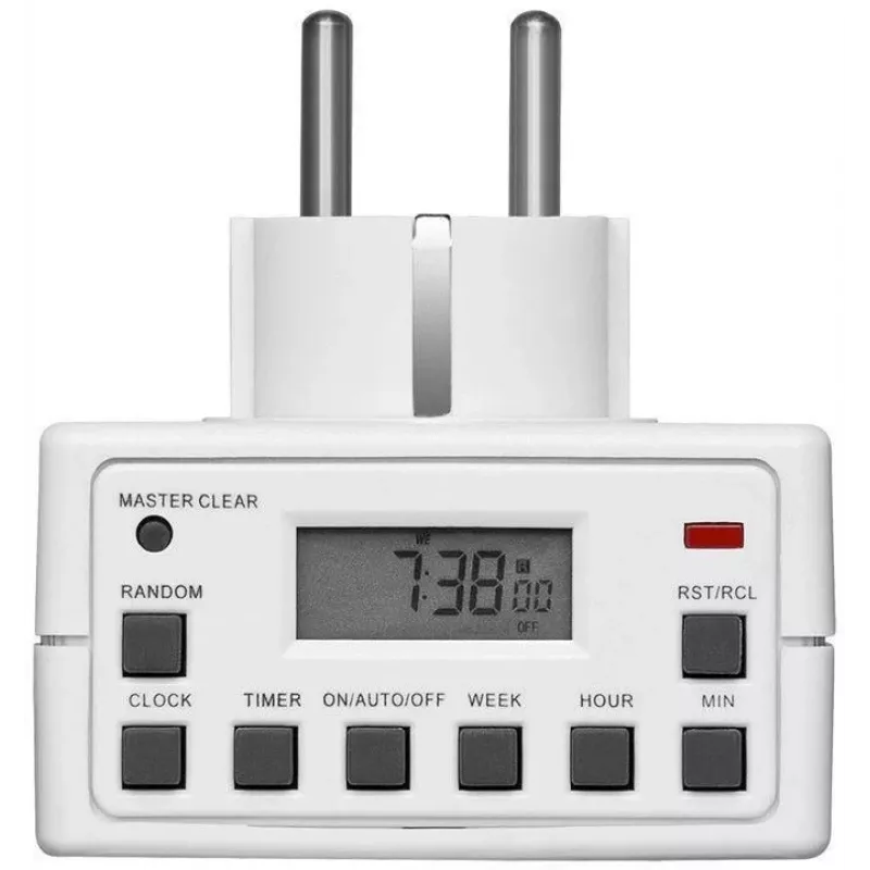 Smart-stekkerdoos MicroConnect GRUTIMER3 — indoor-tijdschakelaar met LCD, 110×81×78 mm, wit