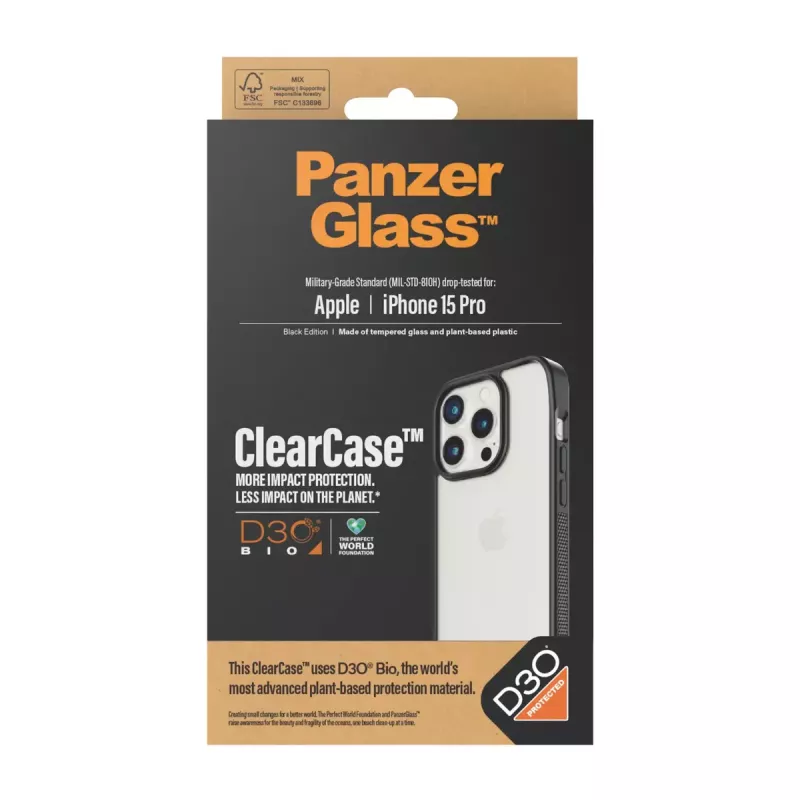 PanzerGlass ® ClearCase transparant met zwarte rand & D3O® voor iPhone 15 Pro