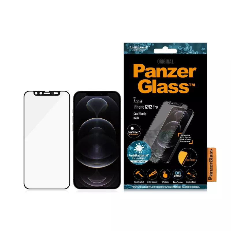 PanzerGlass CamSlider beeldschermbescherming voor Apple iPhone 12 / 12 Pro — randloos gehard glas, transparant, 6,1 inch