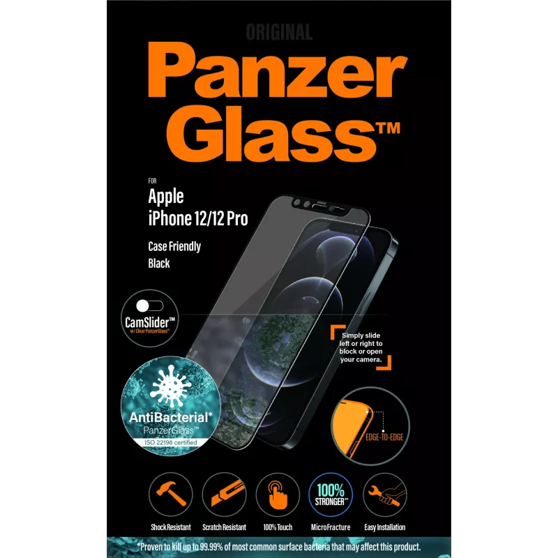 PanzerGlass CamSlider beeldschermbescherming voor Apple iPhone 12 / 12 Pro — randloos gehard glas, transparant, 6,1 inch