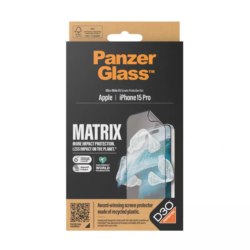 PanzerGlass ® ECO MATRIX beeldschermbeschermfolie met D3O® iPhone 15 Pro | ultrabrede pasvorm met AlignerKit