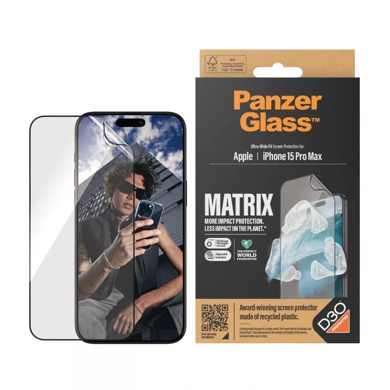 PanzerGlass ® ECO MATRIX beeldschermbeschermfolie met D3O® iPhone 15 Pro Max | Ultra-Wide Fit met AlignerKit