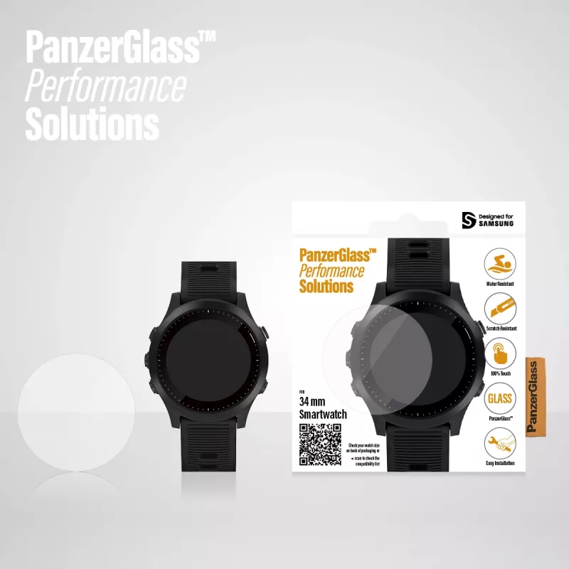 Beeldschermbescherming PanzerGlass SmartWatch 34mm — gehard glas 34×34×0,51 mm, transparant