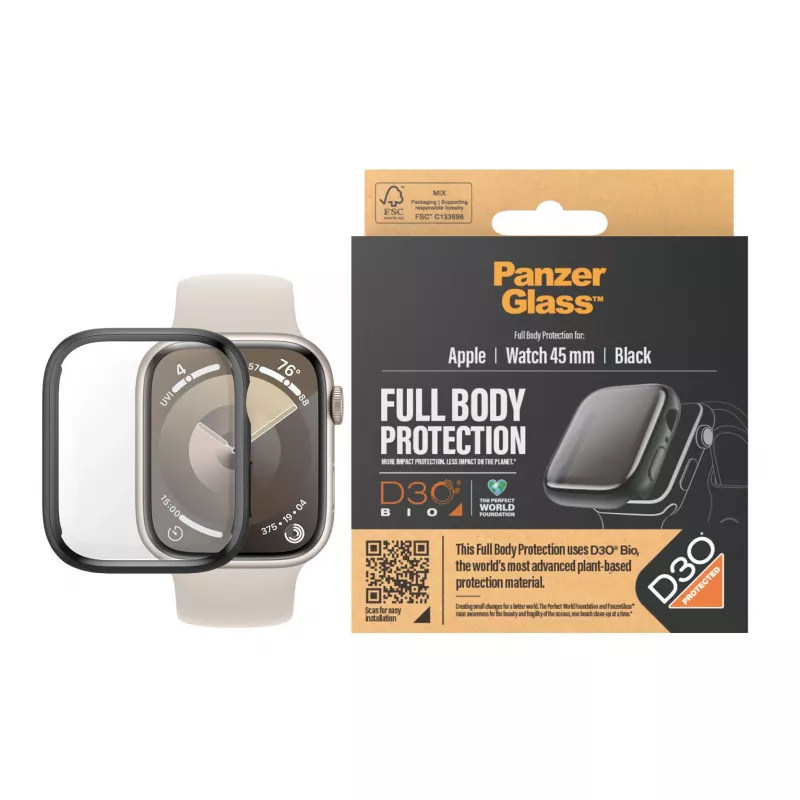 PanzerGlass displaybescherming volledige body Apple Watch Series 9 D3O 45mm zwart