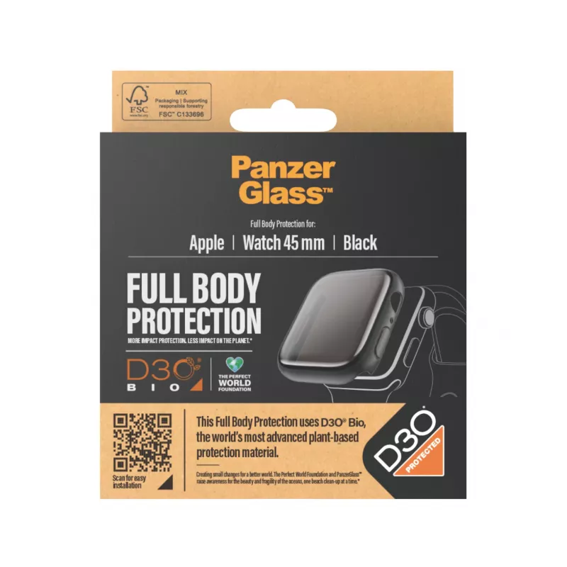 PanzerGlass displaybescherming volledige body Apple Watch Series 9 D3O 45mm zwart