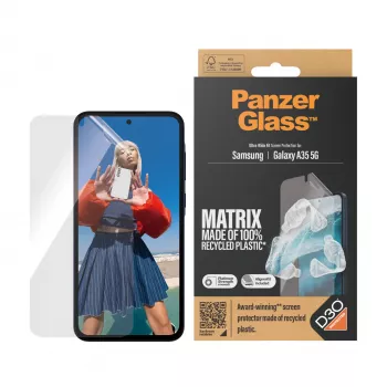 Schermbescherming PanzerGlass MATRIX met D3O voor Samsung Galaxy A35 5G — ultrabrede PET-folie, droge montage, 1 stk., transparant