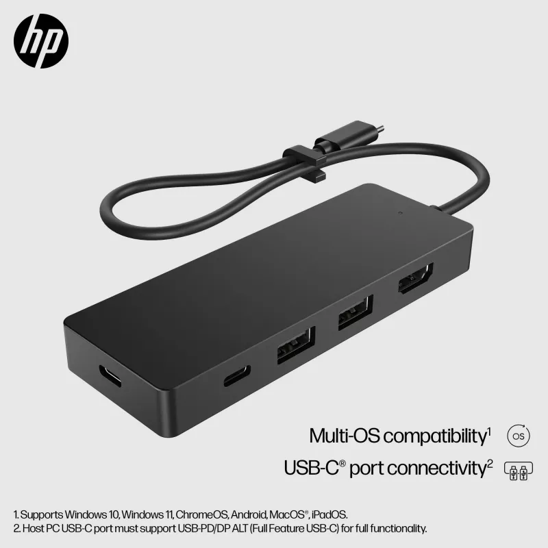 USB-C Travel Hub G3 — HP, USB 3.2 Gen 2 Type-C-host, HDMI, USB-A, PD tot 65 W, 116×41,9×14,5 mm