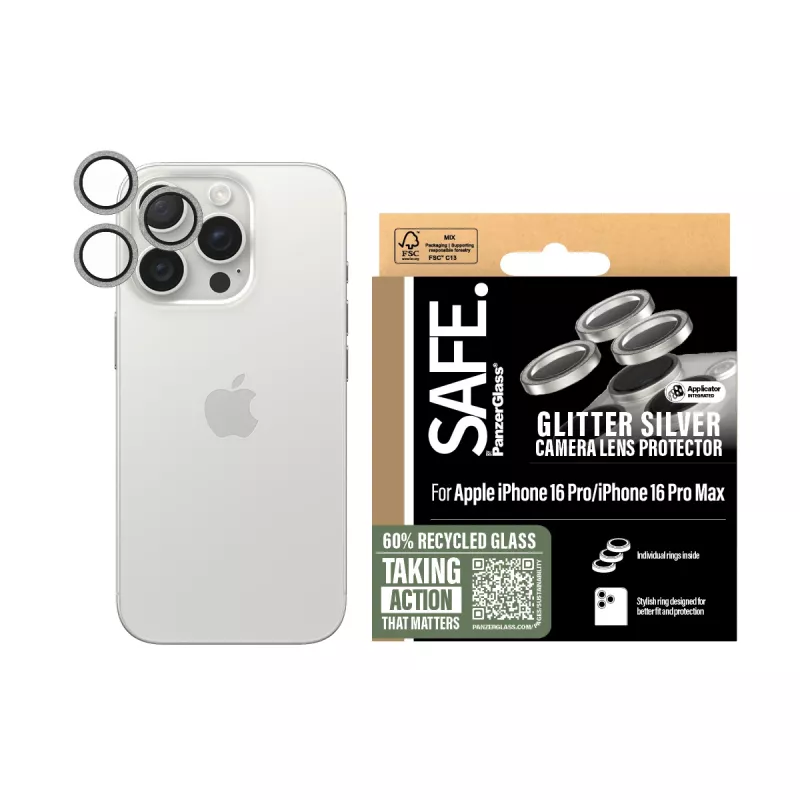 PanzerGlass SAFE. by ® camera-lensbescherming glitter zilver iPhone 16 Pro | 16 Pro Max