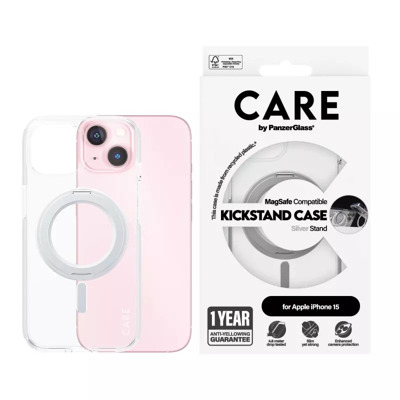 PanzerGlass CARE™ by ® hoes transparant met zilveren kickstand & MagSafe iPhone 15