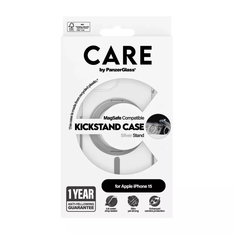 PanzerGlass CARE™ by ® hoes transparant met zilveren kickstand & MagSafe iPhone 15