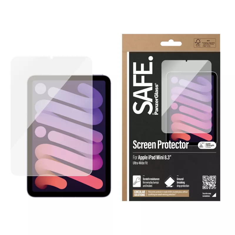 PanzerGlass SAFE. by ® displaybeschermingsfolie iPad Mini 8,3″ (2021, 2024) | Ultra-Wide Fit | Bulk
