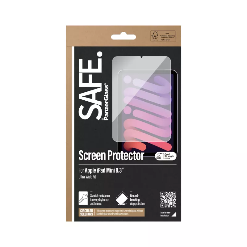 PanzerGlass SAFE. by ® displaybeschermingsfolie iPad Mini 8,3″ (2021, 2024) | Ultra-Wide Fit | Bulk