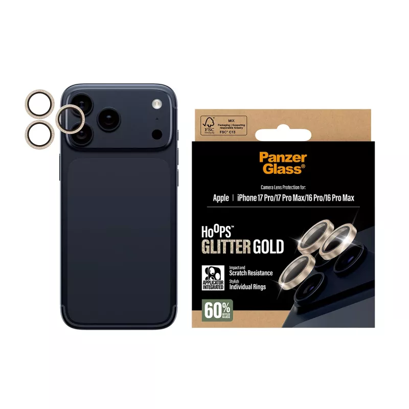 PanzerGlass® Hoops® cameraobjectiefbescherming glitter goud iPhone 17 Pro | iPhone 17 Pro Max | iPhone 16 Pro | 16 Pro Max