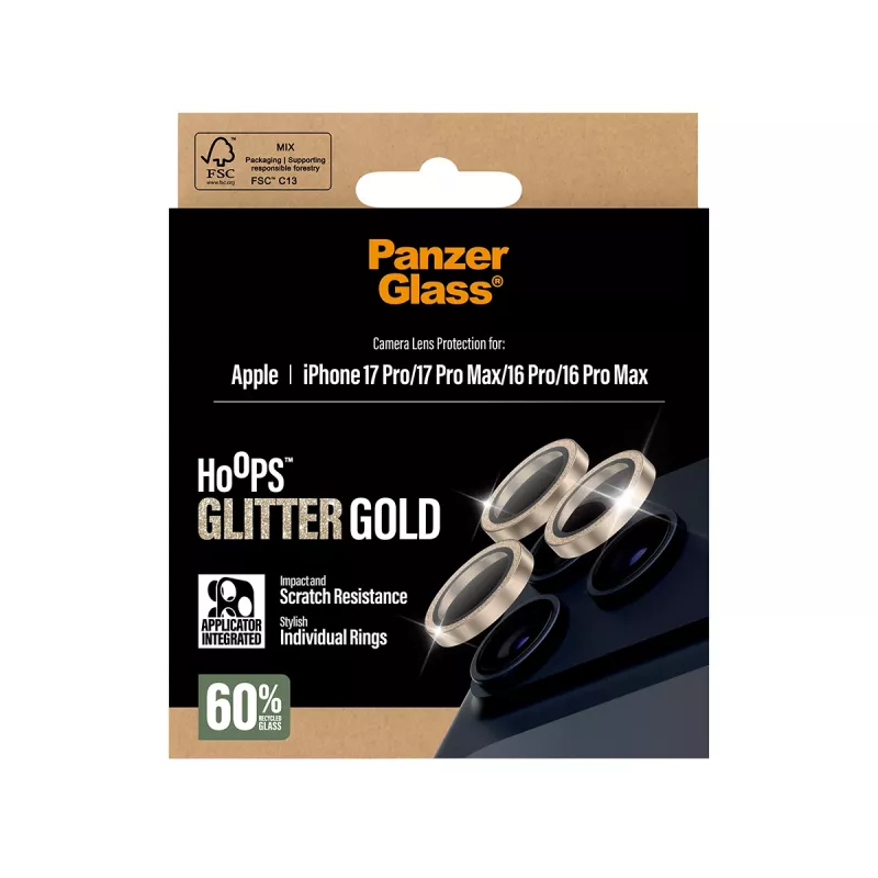 PanzerGlass® Hoops® cameraobjectiefbescherming glitter goud iPhone 17 Pro | iPhone 17 Pro Max | iPhone 16 Pro | 16 Pro Max