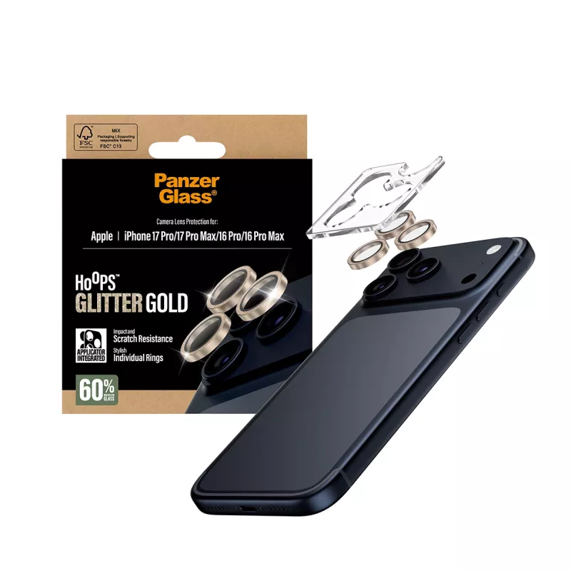 PanzerGlass® Hoops® cameraobjectiefbescherming glitter goud iPhone 17 Pro | iPhone 17 Pro Max | iPhone 16 Pro | 16 Pro Max