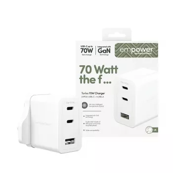 PanzerGlass empower™ by ® Turbo 70W meervoudige oplader incl. 2 x USB-C + USB-A | UK-stekker | zilverwit
