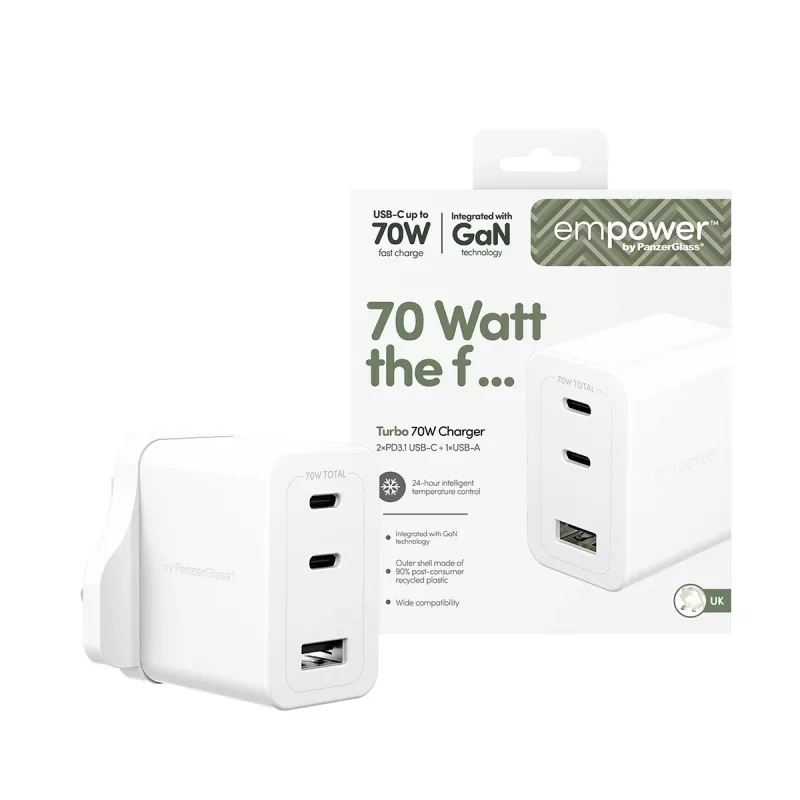 PanzerGlass empower™ by ® Turbo 70W meervoudige oplader incl. 2 x USB-C + USB-A | UK-stekker | zilverwit