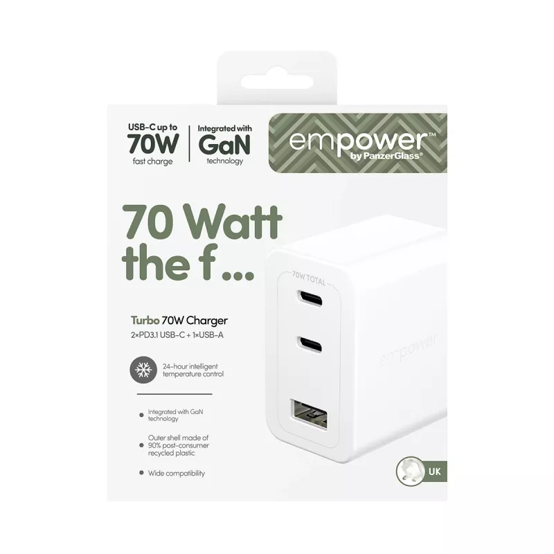 PanzerGlass empower™ by ® Turbo 70W meervoudige oplader incl. 2 x USB-C + USB-A | UK-stekker | zilverwit