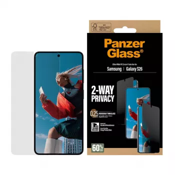 PanzerGlass 2-Way privacy screenprotector voor Samsung Galaxy S26 — Ultra-Wide Fit, PET + silicone, kras- en stootvast