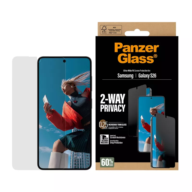 PanzerGlass 2-Way privacy screenprotector voor Samsung Galaxy S26 — Ultra-Wide Fit, PET + silicone, kras- en stootvast