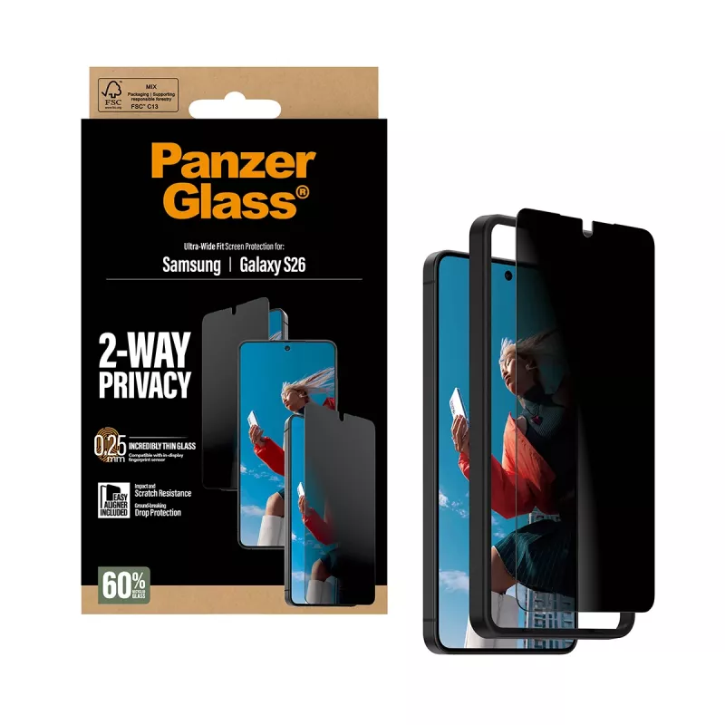 PanzerGlass 2-Way privacy screenprotector voor Samsung Galaxy S26 — Ultra-Wide Fit, PET + silicone, kras- en stootvast