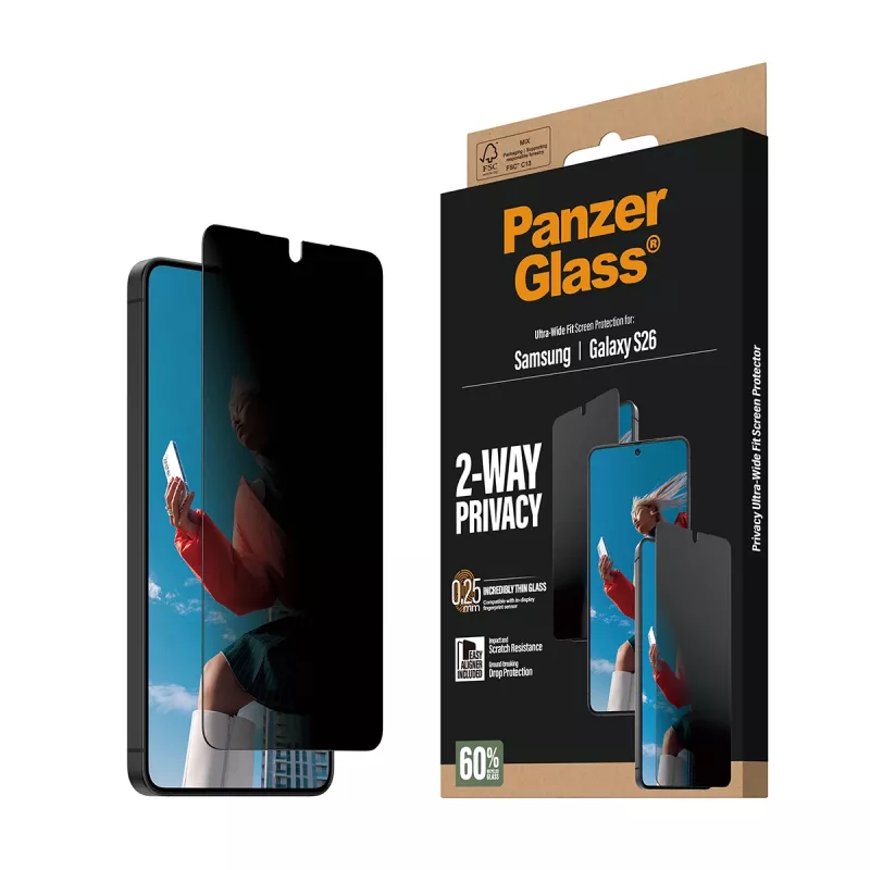 PanzerGlass 2-Way privacy screenprotector voor Samsung Galaxy S26 — Ultra-Wide Fit, PET + silicone, kras- en stootvast