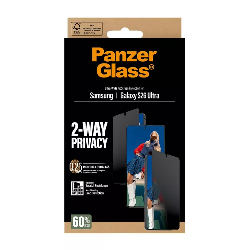 Beeldschermbescherming PanzerGlass 2-Way privacy voor Samsung Galaxy S26 Ultra — PET-privacyfilter, EasyAligner, 1 stuk
