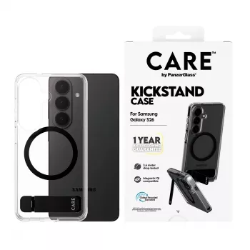 Beschermhoes PanzerGlass CARE™ Urban Explorer Case voor Samsung Galaxy S26, transparant met zwarte standaard en Qi-ondersteuning