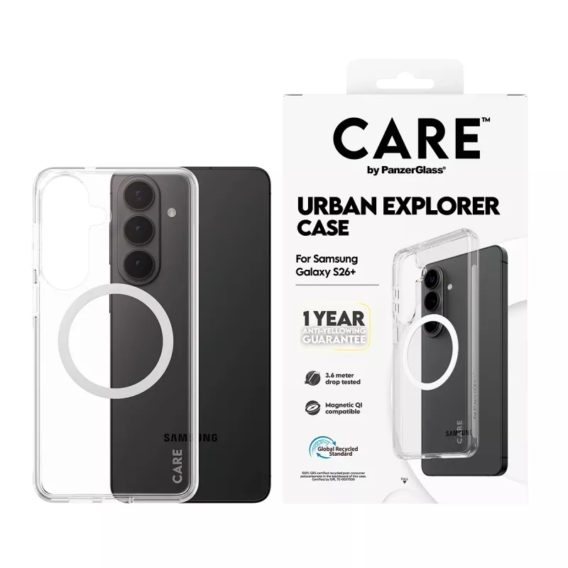Beschermhoes PanzerGlass CARE Urban Explorer Case voor Samsung Galaxy S26+ — transparant, wit Qi-compatibel