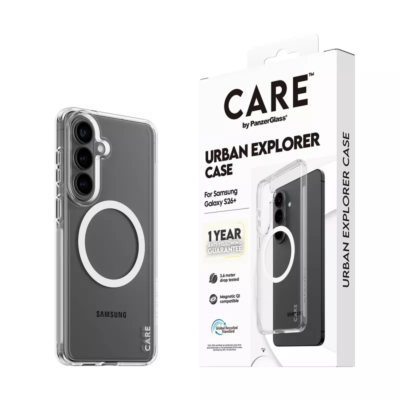 Beschermhoes PanzerGlass CARE Urban Explorer Case voor Samsung Galaxy S26+ — transparant, wit Qi-compatibel