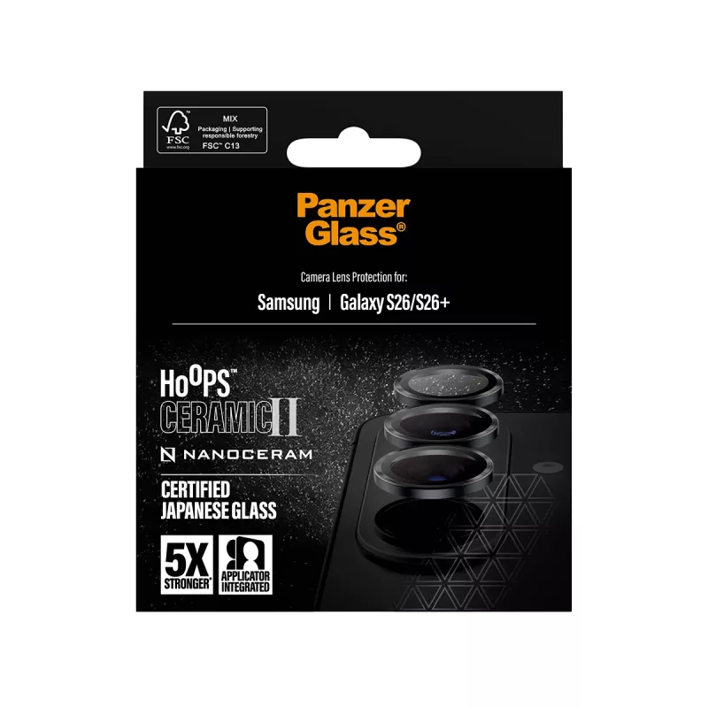 Camerabescherming PanzerGlass Hoops Ceramic II voor Samsung Galaxy S26 / S26+, gehard glas, siliconen, transparant