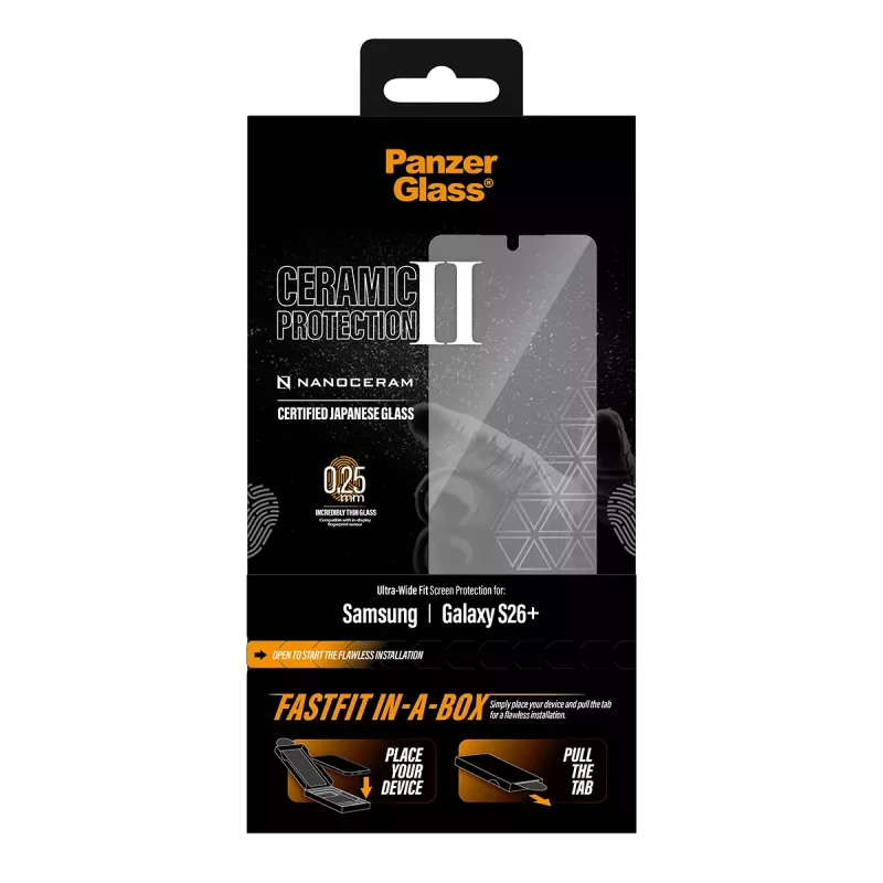 Schermbescherming PanzerGlass voor Samsung Galaxy S26+ — Ceramic Ultra-Wide Fit, gehard glas PET, FASTFIT