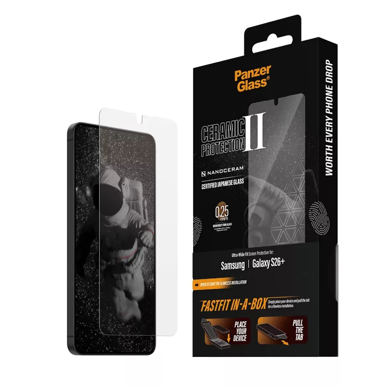 Schermbescherming PanzerGlass voor Samsung Galaxy S26+ — Ceramic Ultra-Wide Fit, gehard glas PET, FASTFIT