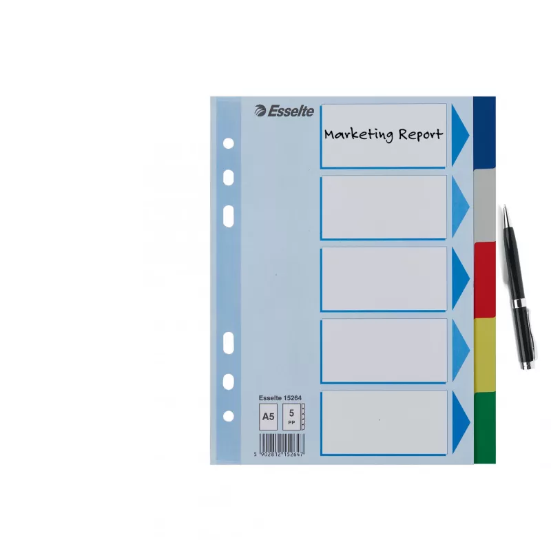Registertabs ESSELTE 5-delig A5 polypropyleen kleur, om te archiveren en indexeren