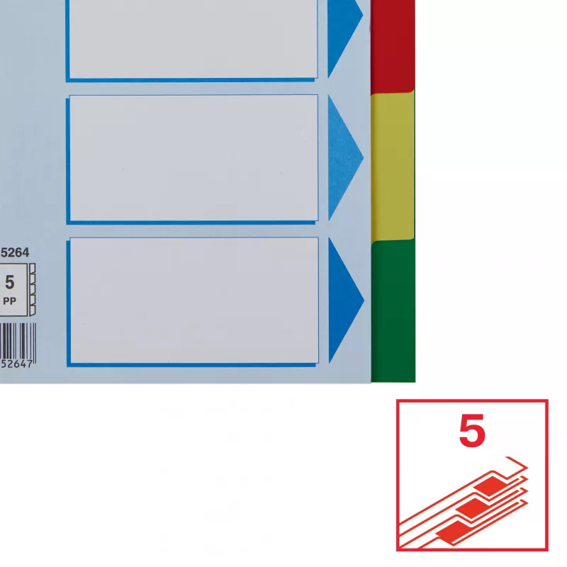 Registertabs ESSELTE 5-delig A5 polypropyleen kleur, om te archiveren en indexeren