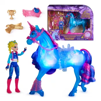 Unicorn Academy, Train & Glow Light-up River eenhoorn met Isabel, paasgeschenkidee, poppen & eenhoornspeelgoed voor meisjes, inclusief 3 trainingsaccessoires