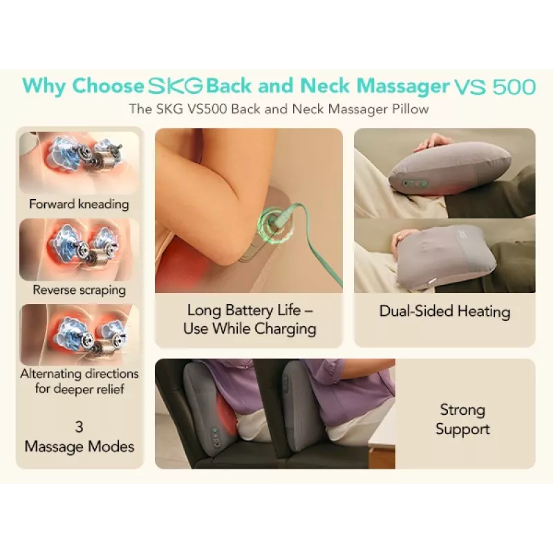 SKG VS500 massagekussen – kneedmassage, batterijgevoed 10 W, ingebouwde accu, grijs