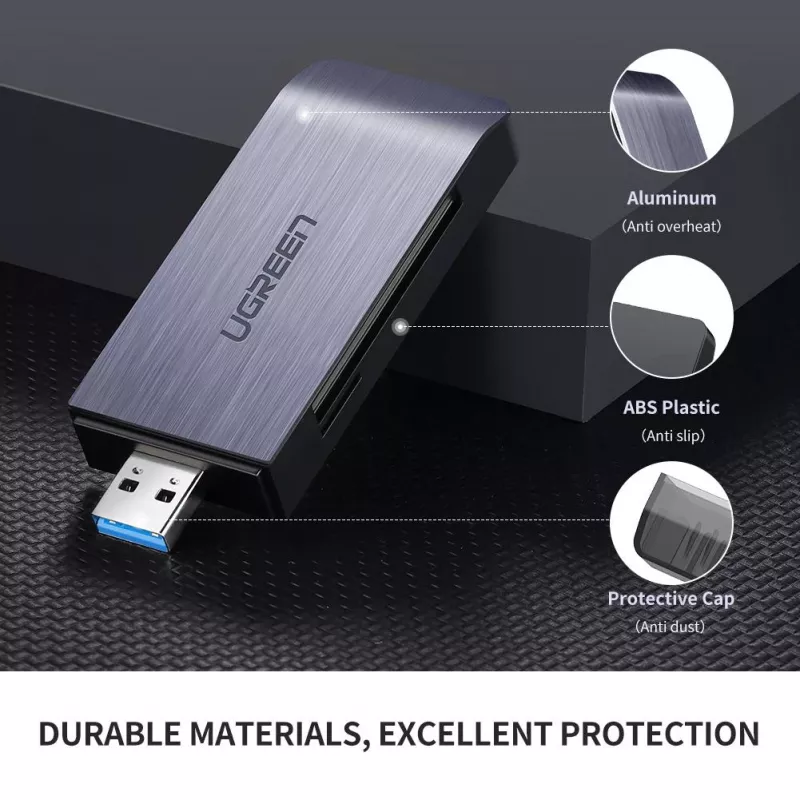 Kaartlezer UGREEN 50541 USB 3.2 Gen 1 (3.1 Gen 1) — CF, SD, MicroSD, Memory Stick, staal, 5000 Mbit/s