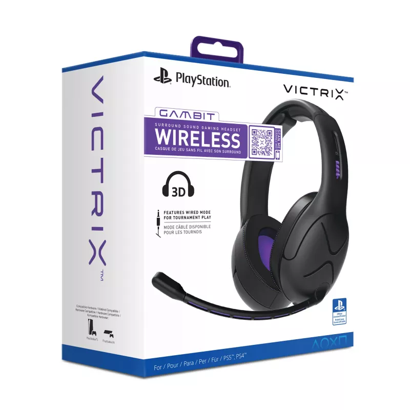 Headset VICTRIX Gambit Wireless — bedraad & draadloos, 20–20000 Hz, 2 m kabel, 301 g, zwart/paars