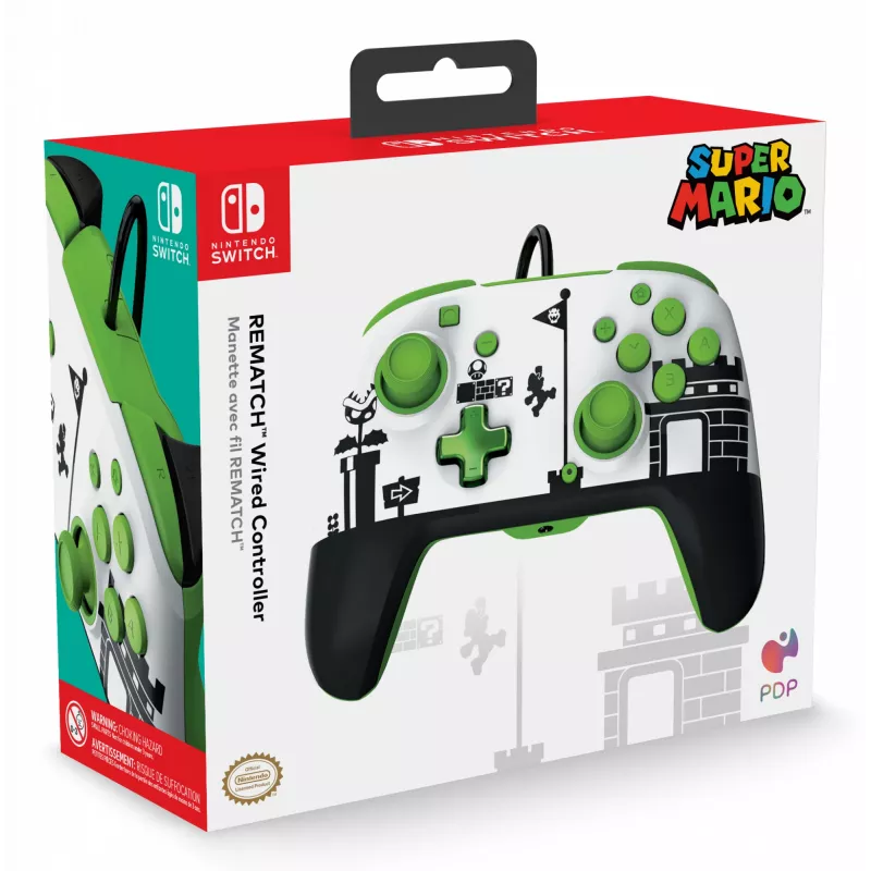 PDP REMATCH bekabelde controller: Super Mario Retro, gamepad, Nintendo Switch, Nintendo Switch OLED, D-pad, home-knop, analoog/digitaal, bekabeld, USB