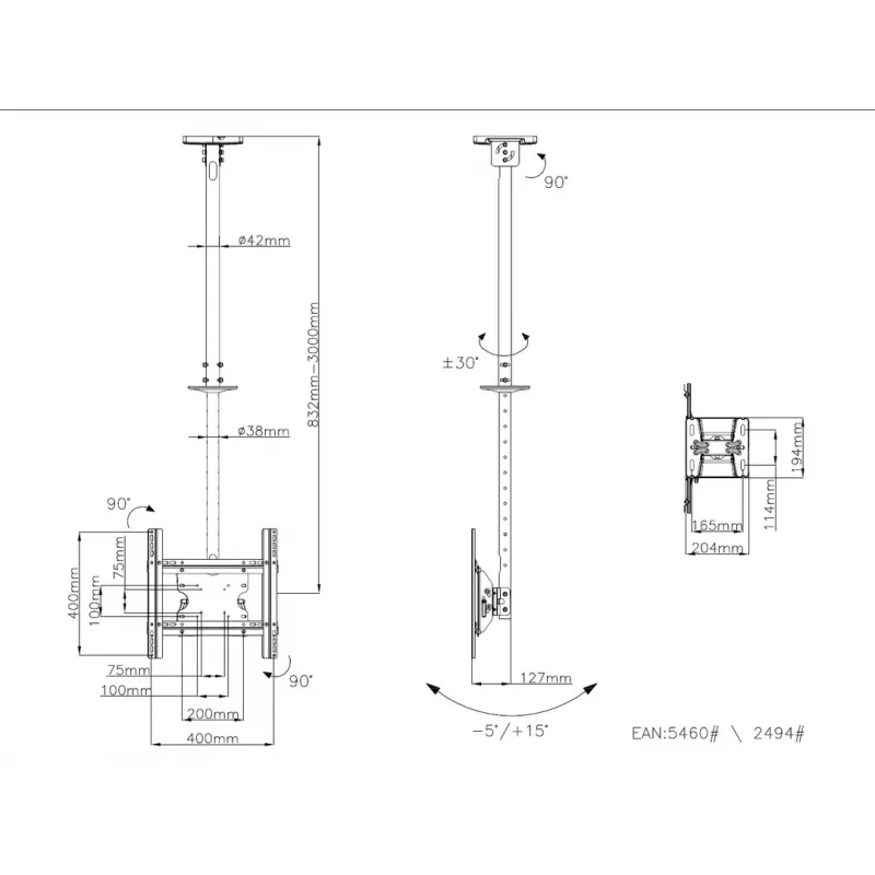 Multibrackets M Public Ceilingmount Medium Single White 3000 maximaal draagvermogen 30 kg min. schermformaat 32 inch max. schermformaat 55 inch