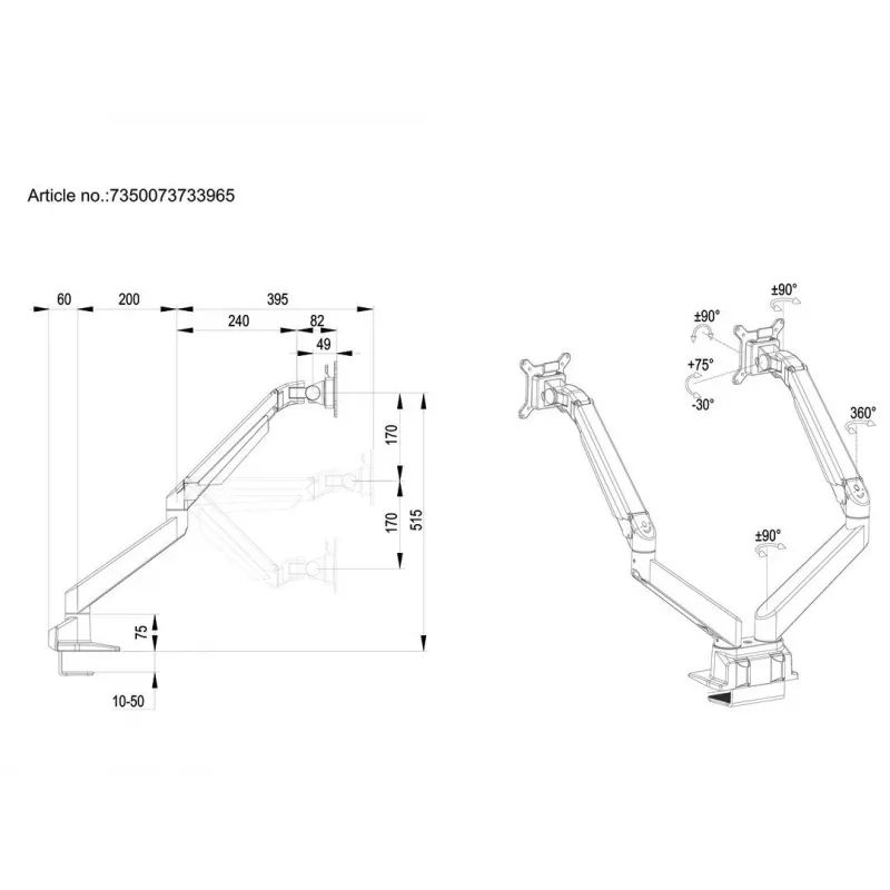 Multibrackets M VESA Gas Lift Arm Dual Side by Side zwart klem 20 kg 15-32 inch