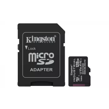 MicroSDXC-kaart Kingston 128 GB Industrial C10 A1 pSLC UHS-I, 100 MB/s lezen, 80 MB/s schrijven, V30/U3, zwart + SD-adapter