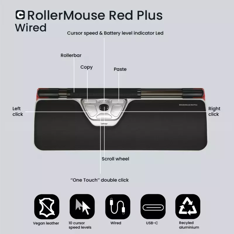 Contour Design RollerMouse Red Plus, thin client, bedraad - centrale aanwijzer - ergonomisch - voor rechts- en linkshandigen - bedraad - USB-C