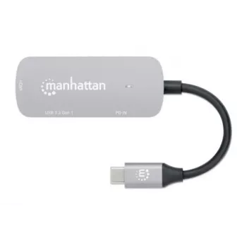 Manhattan USB-C Dock/Hub, Poorten (x3): HDMI, USB-A en USB-C, met Power Delivery (PD) 100 W – vereist externe USB-C-oplader (niet meegeleverd). USB-gevoed (geen externe voeding nodig) wanneer PD niet wordt gebruikt, Aluminium
