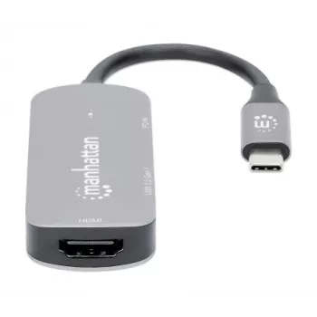 Manhattan USB-C Dock/Hub, Poorten (x3): HDMI, USB-A en USB-C, met Power Delivery (PD) 100 W – vereist externe USB-C-oplader (niet meegeleverd). USB-gevoed (geen externe voeding nodig) wanneer PD niet wordt gebruikt, Aluminium