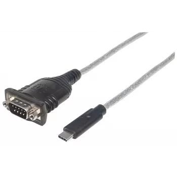 Manhattan USB-C-naar-seriële converter, stekker op stekker, USB-C naar serieel/RS232/COM/DB9-aansluiting, Prolific PL-2303RA-chipset, kabel 45 cm, zilver/zwart, polyzak