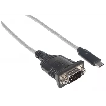 Manhattan USB-C-naar-seriële converter, stekker op stekker, USB-C naar serieel/RS232/COM/DB9-aansluiting, Prolific PL-2303RA-chipset, kabel 45 cm, zilver/zwart, polyzak