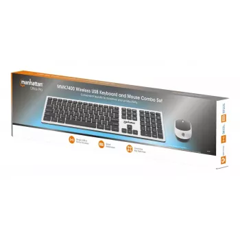 Manhattan Enkele USB-A Nano-ontvanger voor zowel draadloos volledig toetsenbord, dubbelhandige optische muis met drie knoppen en scrollwiel, 1200 dpi, Zilver/Zwart